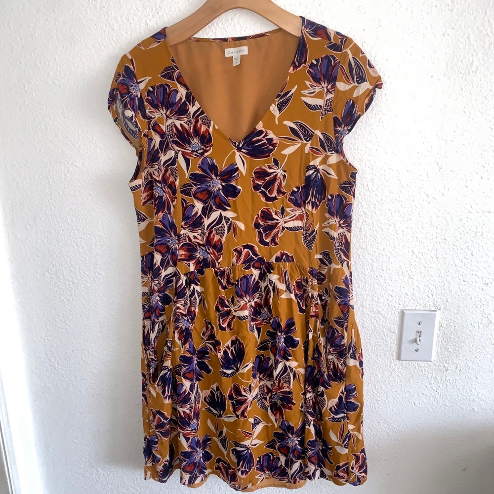 Garnet Hill Mustard Yellow Floral V-Neck Cap Sleeve Pocket Shift Dress Size 10